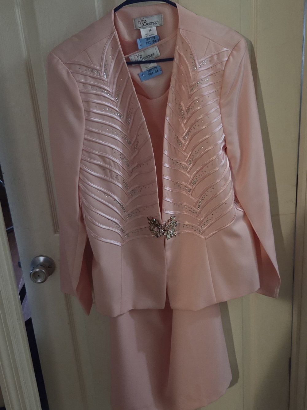 La Femme Light Pink Embellished Jacket and Skirt Set